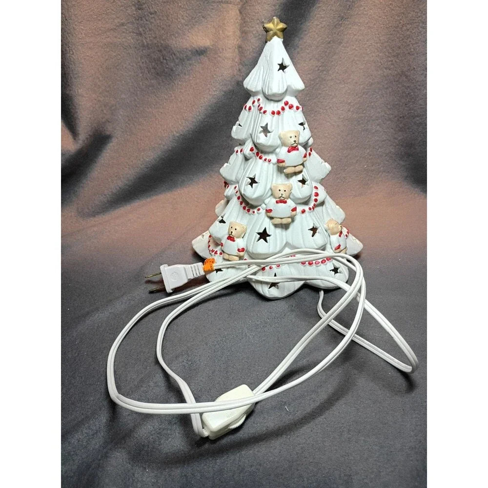 Vintage White Porcelain Lighted Christmas Tree Teddy Bears 9